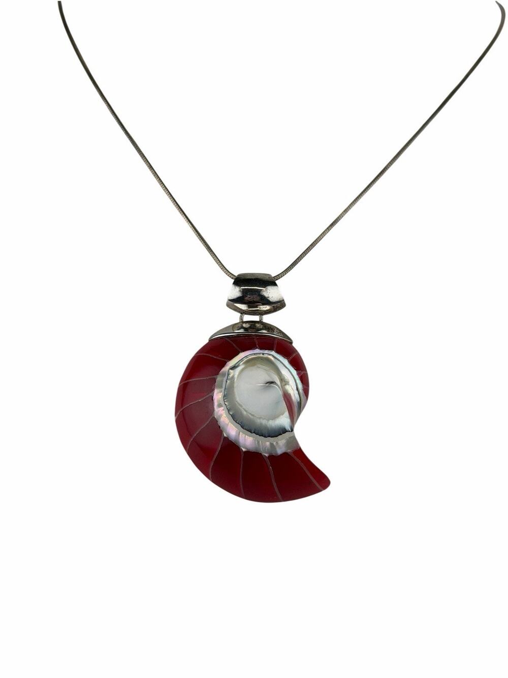 Red Nautilus Pendant Mother of Pearl on 16" Snake Chain Sterling Silver Necklace